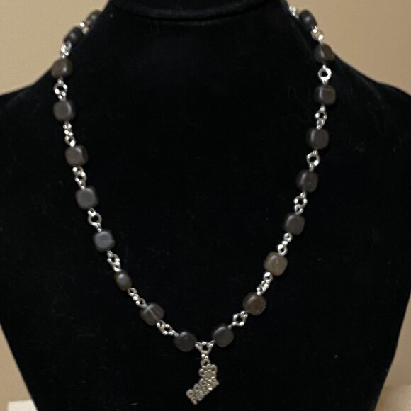 Genuine Black Agate Cube Necklace, Cute Dog Person Paw Print Pendant + Gemstone - Picture 3 of 9